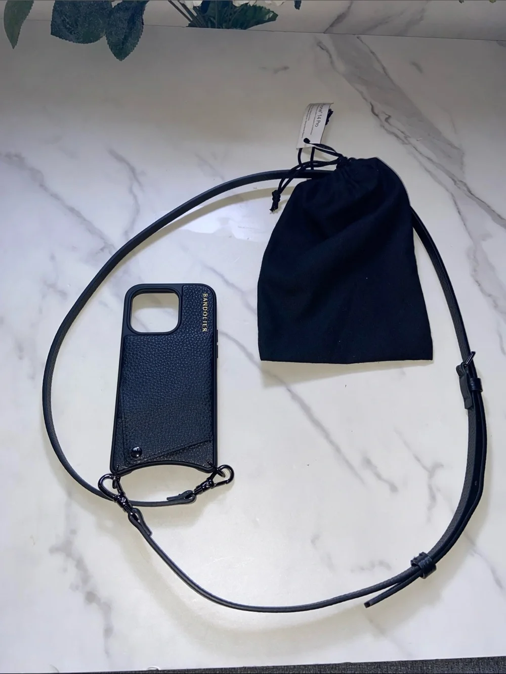 Bandolier Black Leather Crossbody Phone 14 Pro Case with Adjustable Strap